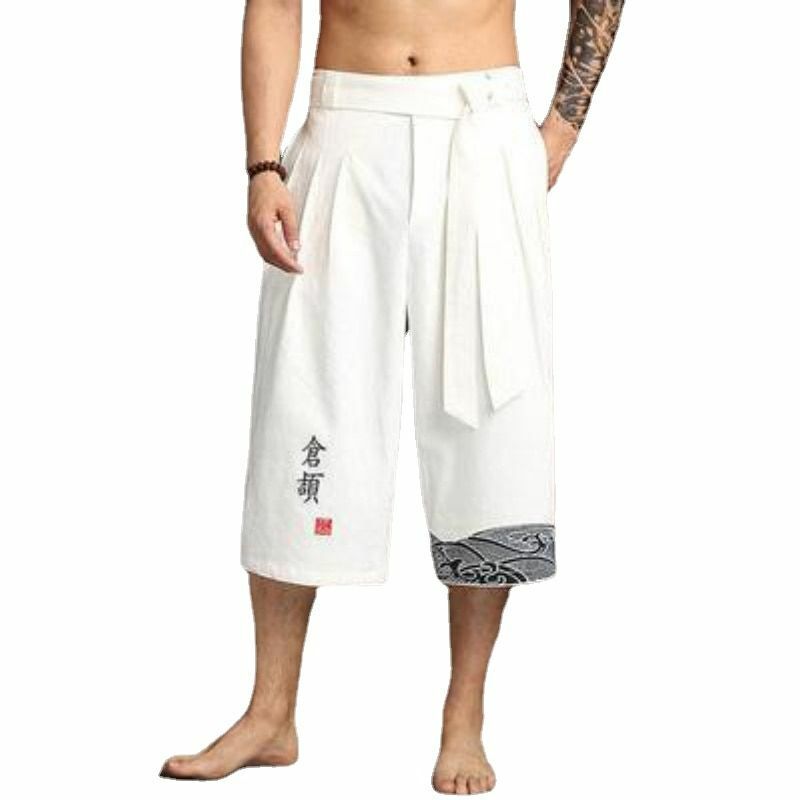 Men's Summer Casual Cropped Kimono Pants Traditional Japanese Print Style
