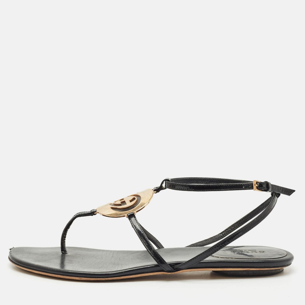 Gucci Black Patent Leather Logo Buckle Thong Sandals Size 39