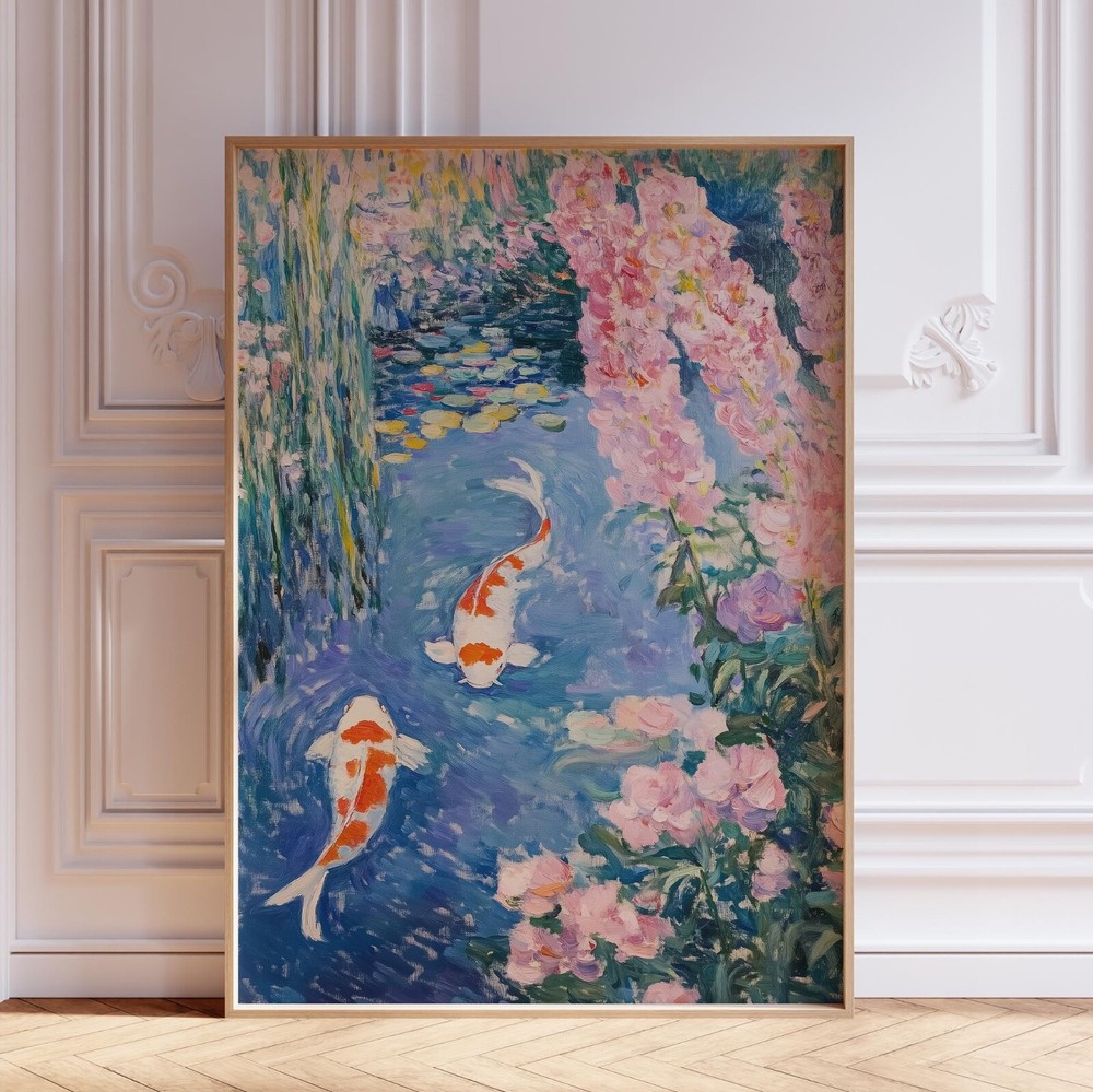 Japanese Koi Fish in Pond Japandi Wall Art Print