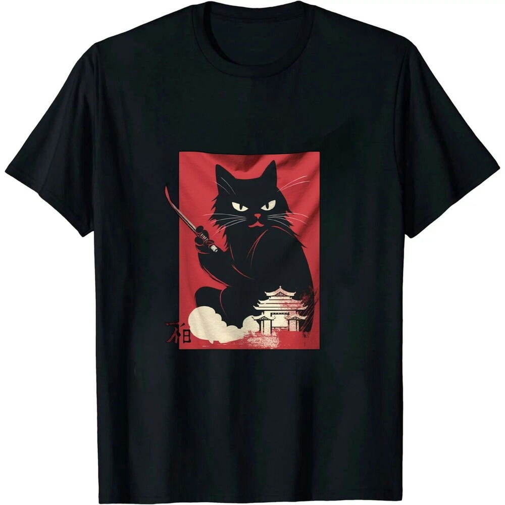 Black Cat Love Ramen Anime Japanese Red Sunset Retro T-Shirt