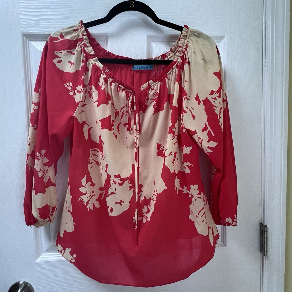 Alice + Olivia Women's Floral Silk Blouse Lightweight Tomato Red Summer Size XS