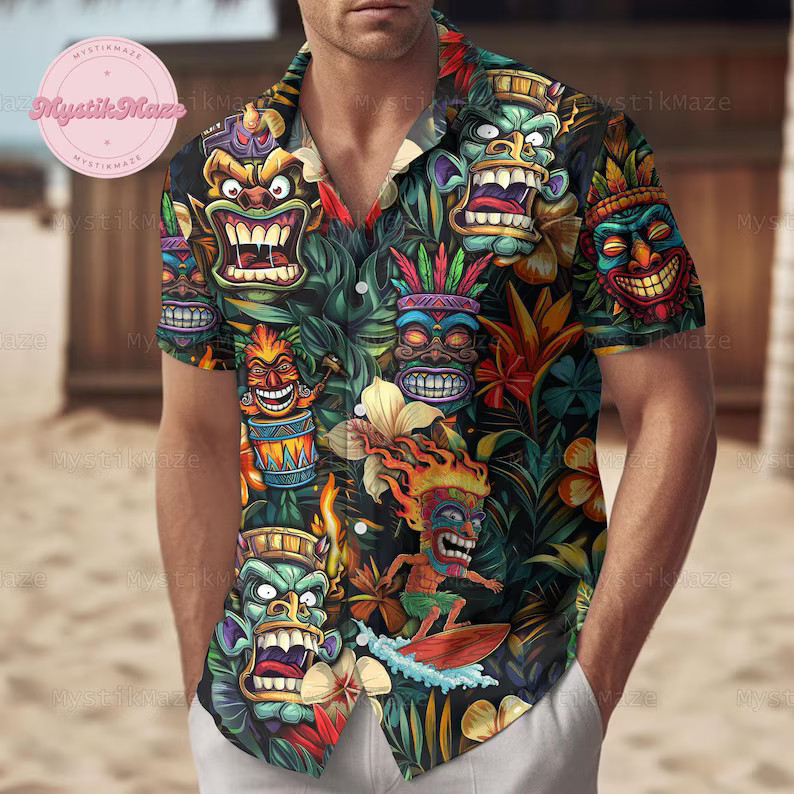 Tiki Hawaii Shirt Button Up Hawaiian Aloha Beach Vacation Mens