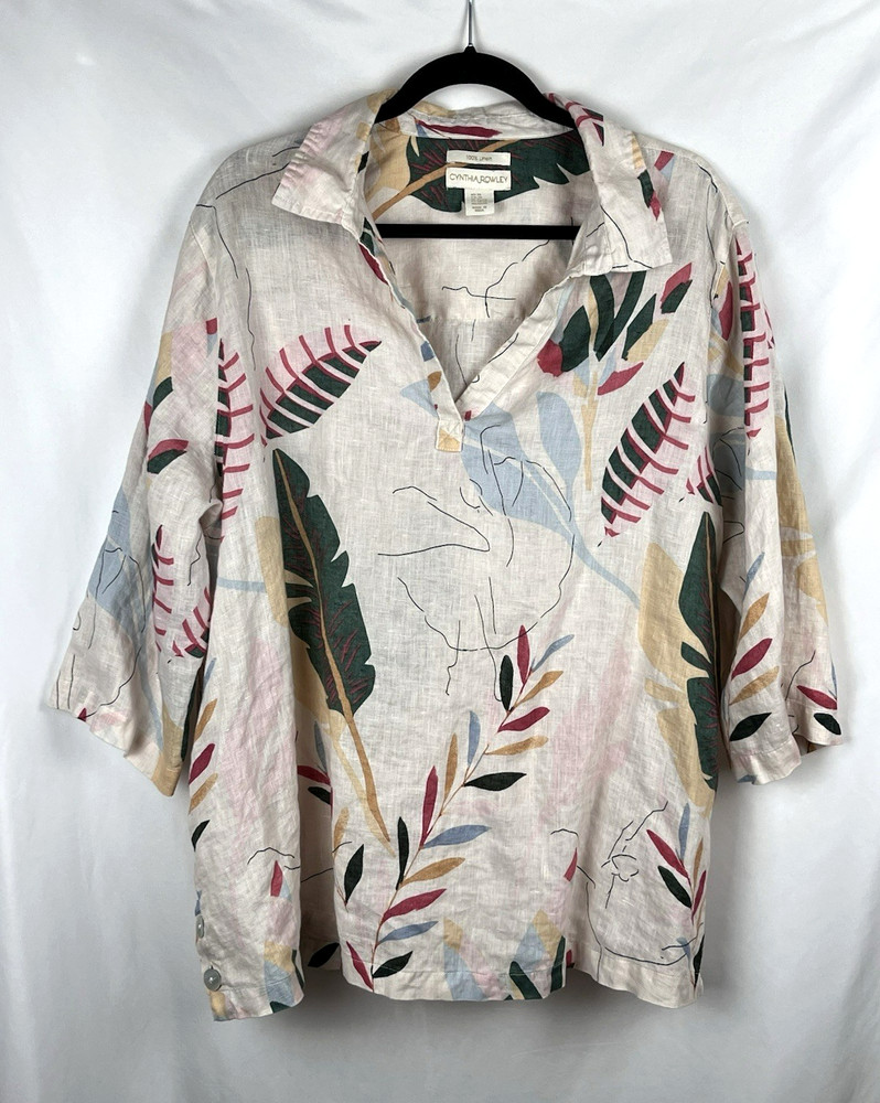 Cynthia Rowley 100% Linen 3/4 Sleeve Tropical Leaf Pattern Shirt 2X Boho Resort
