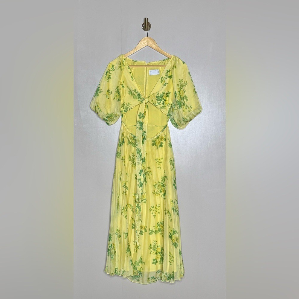 ASOS Design Yellow Floral Chiffon Midi Dress Puff Sleeve Cottagecore