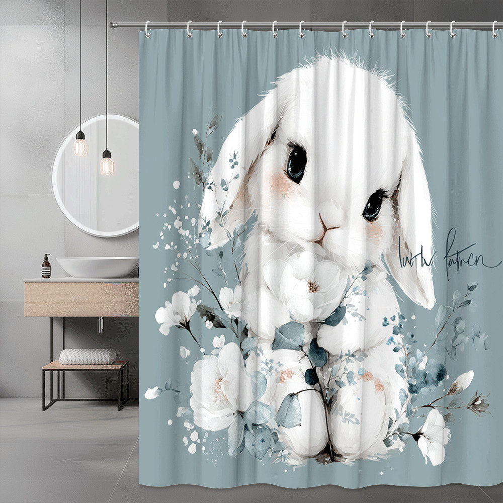 Bunny Floral Shower Curtain Cute Rabbit Blue Gray Print