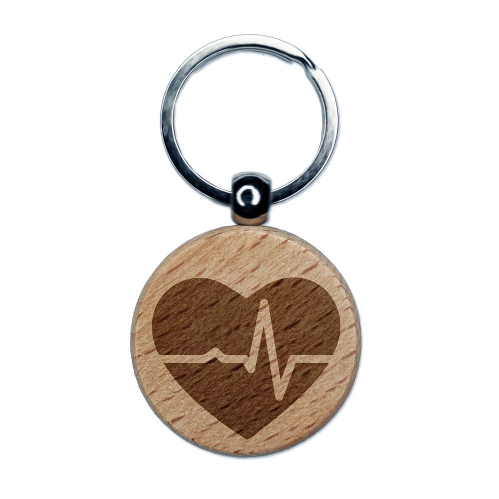 EKG Pulse Heartbeat Engraved Wooden Round Keychain Charm  