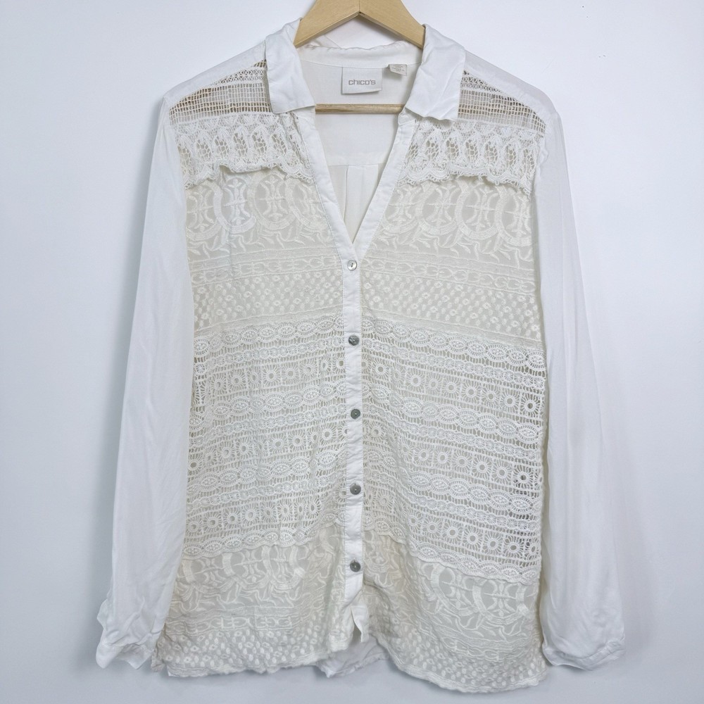 Chicos Crochet Lace Top Size 3 (XL) Cream Sheer Roll Tab Sleeves Casual Boho
