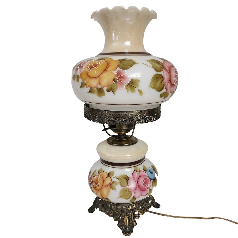 Vintage Accurate Casting 3 Way Victorian Hurricane Lamp White Yellow Pink Roses-image