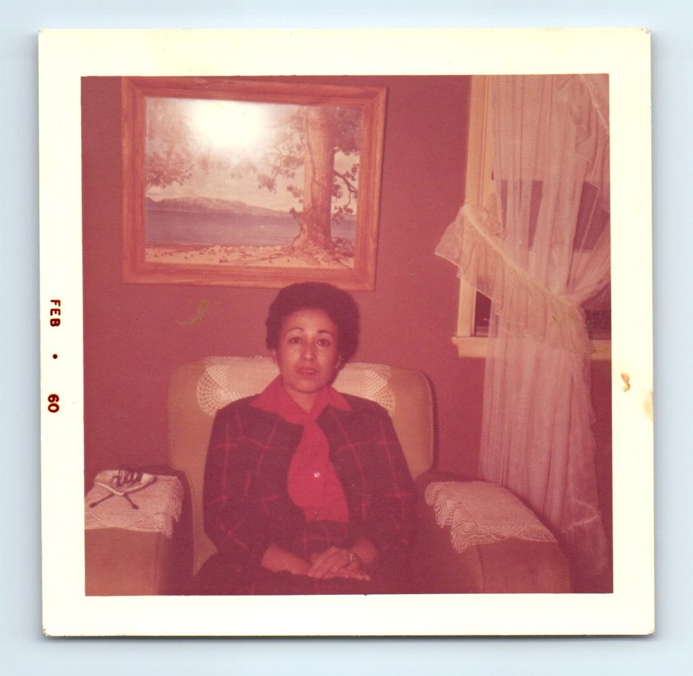 Old Vintage Square Color Photo SOLO WOMAN SITTING IN ARMCHAIR LIVING ROOM