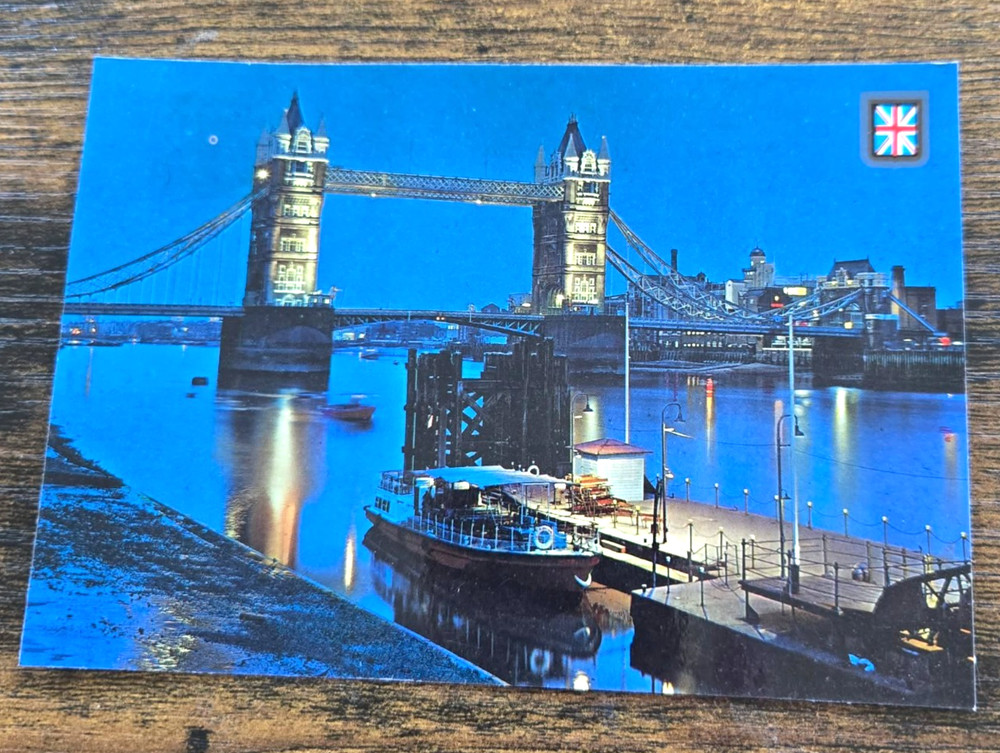 Vintage London Tower Bridge & River Thames by Night Postcard England UK