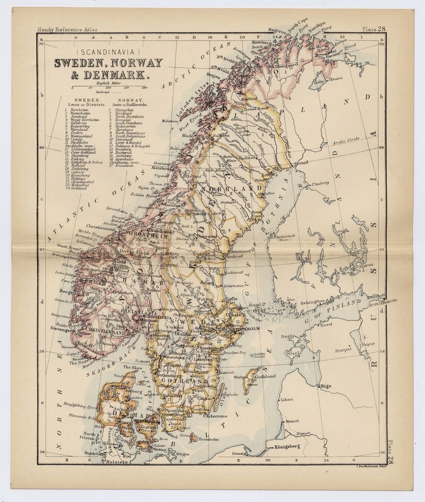 1888 Original Antique Map Of Scandinavia Sweden Norway Denmark Baltic Sea