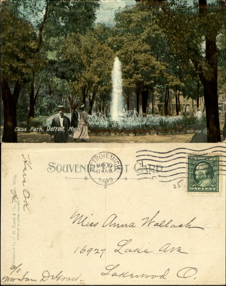 Cass Park Detroit Michigan fountain SOUVENIR POST CARD 1909