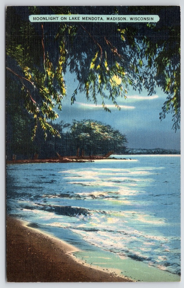 Wisconsin Madison Moonlight on Lake Mendota Linen Postcard