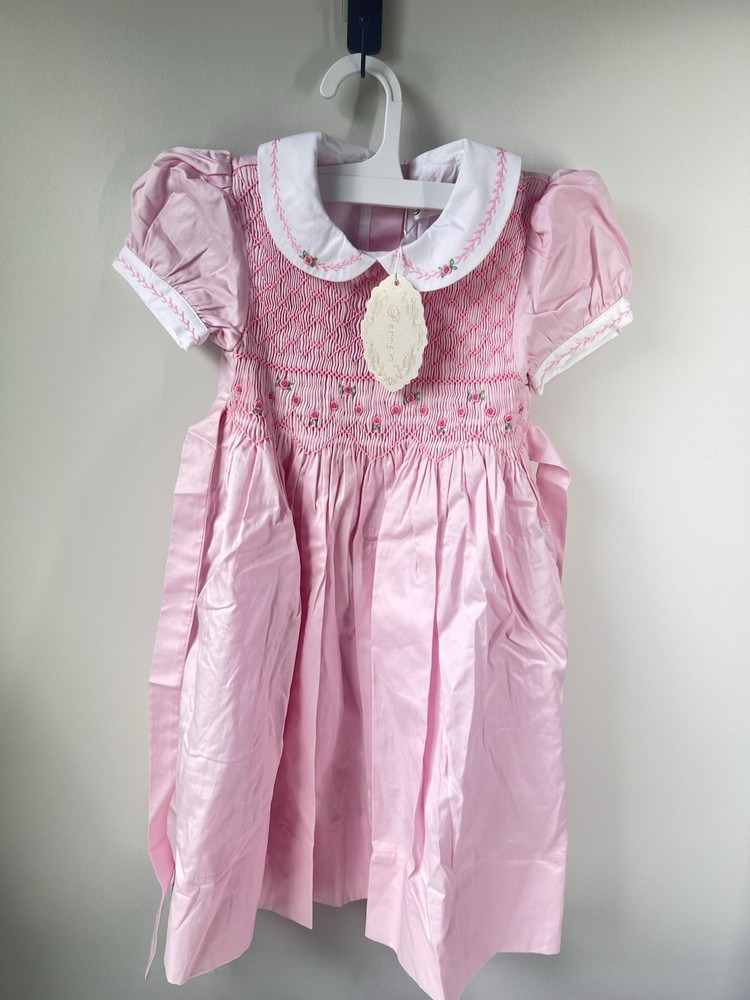 Pettigirl Girls Pink Smocked Dress Size 5 Rose Embroidery Peter Pan Collar Party