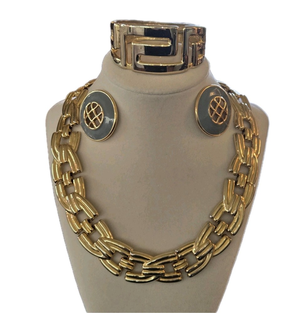 Vtg Choker Necklace Goldplate Chunky Link , Cuff Bracelet, Earrings Jewelry