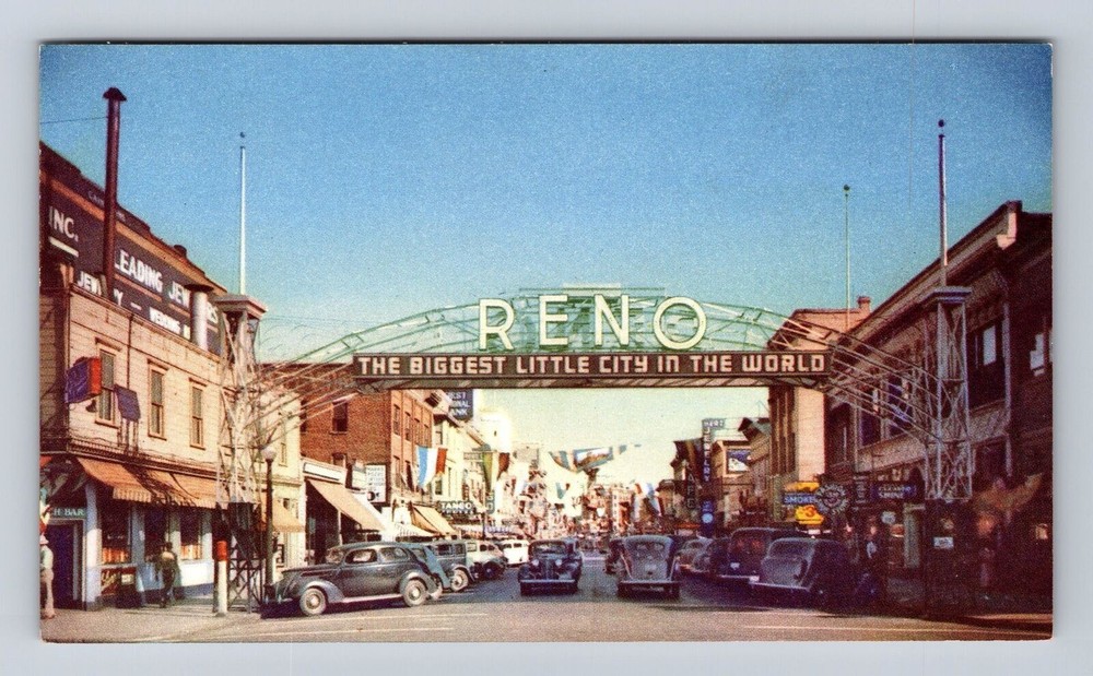 Reno NV-Nevada, Arch At Entrance, Storefronts, Vintage Souvenir Postcard