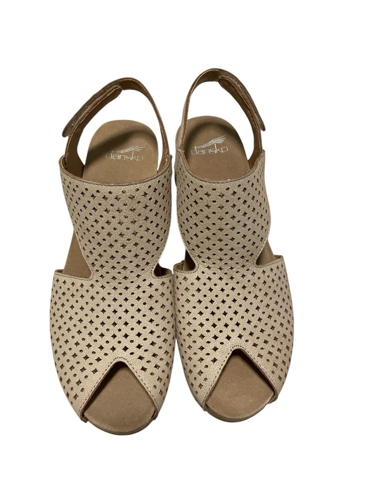 Dansko Beige Leather Perforated Slingback Sandals Wood-Look Block Heel SZ 39 -8