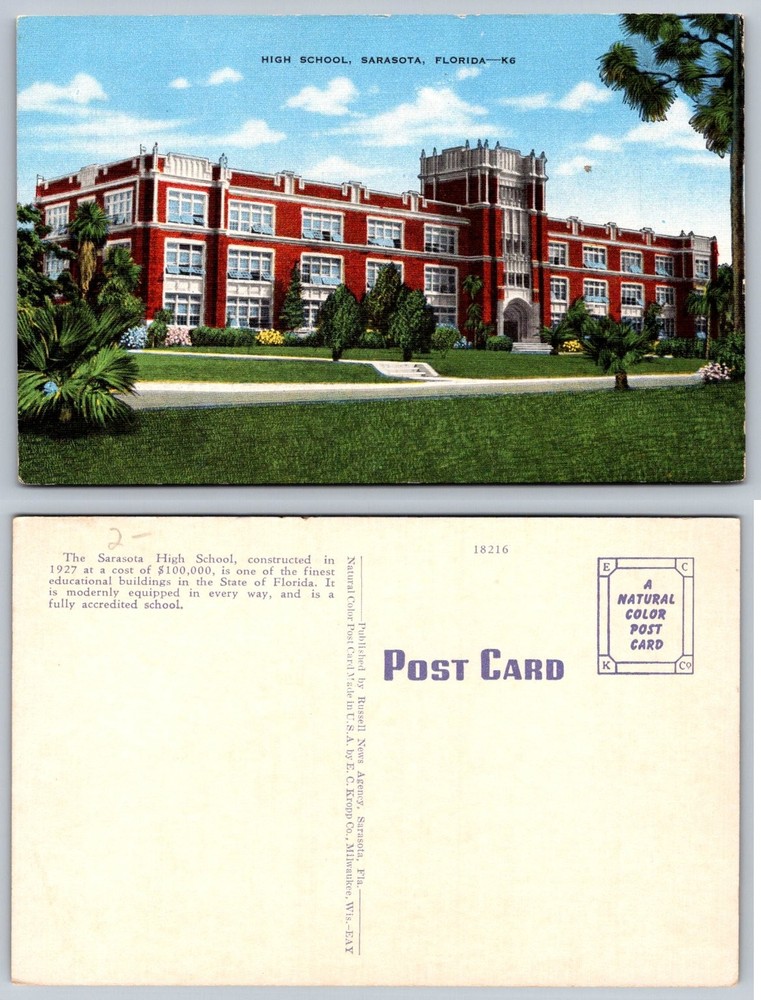 Sarasota High School Florida Vintage Linen Postcard E.C. Kropp 1927 Landmark