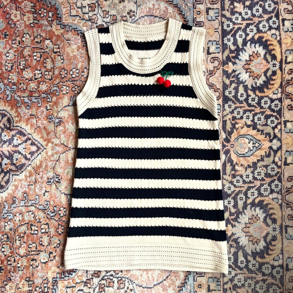 Navy Cream Stripe Knit Tank Top Crochet Cherry Applique Sleeveless Longline Vest