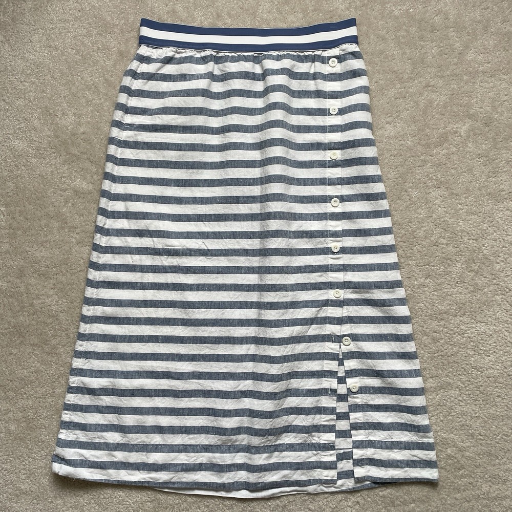J Jill Linen A-Line Midi Skirt Size M Blue White Stripe Button Front