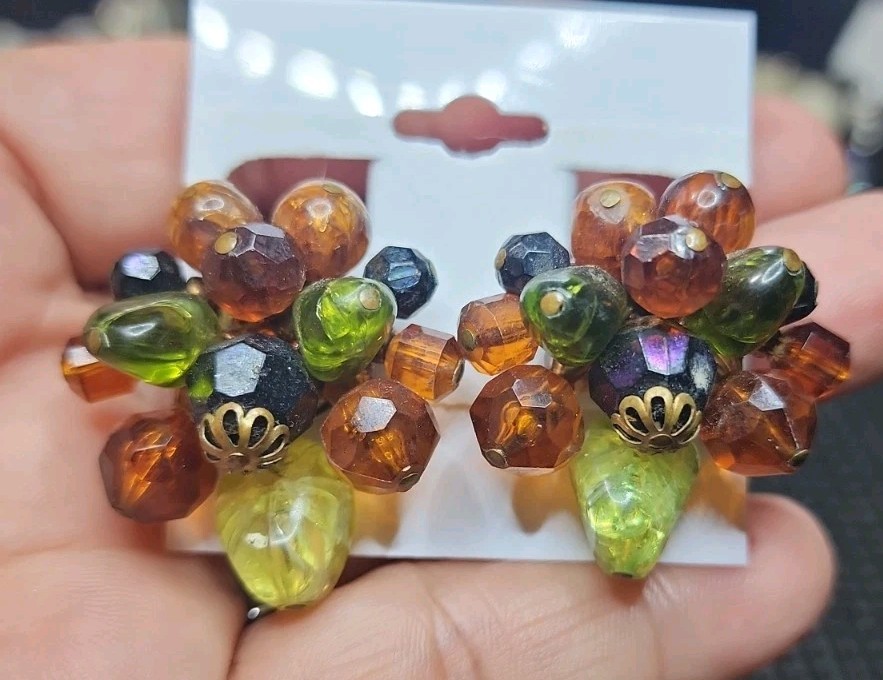 Vintage West Germany Amber & Green Glass Cluster Clip On Earrings W/Amber Beads