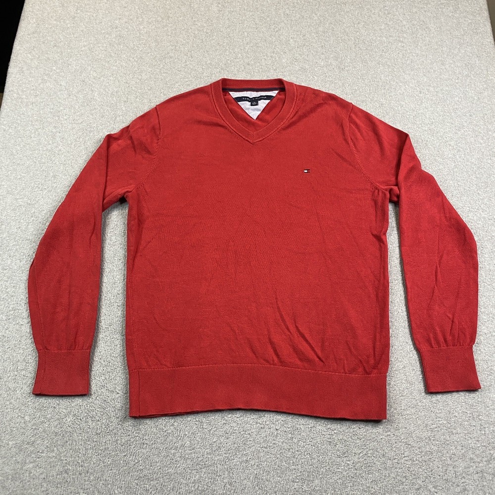Tommy Hilfiger Sweater Mens XL Knit V Neck Cotton Red Preppy City Golf Casual