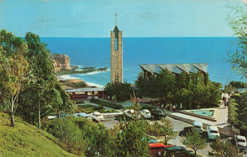 Rancho Palos Verdes California, Wayfarers Chapel, Old Cars, Vintage Postcard
