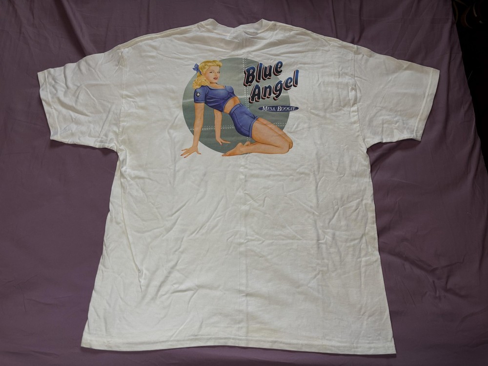 Vintage Hanes Shirt Mens XL White Mesa Boogie Blue Angel Pin Up Graphic Tee