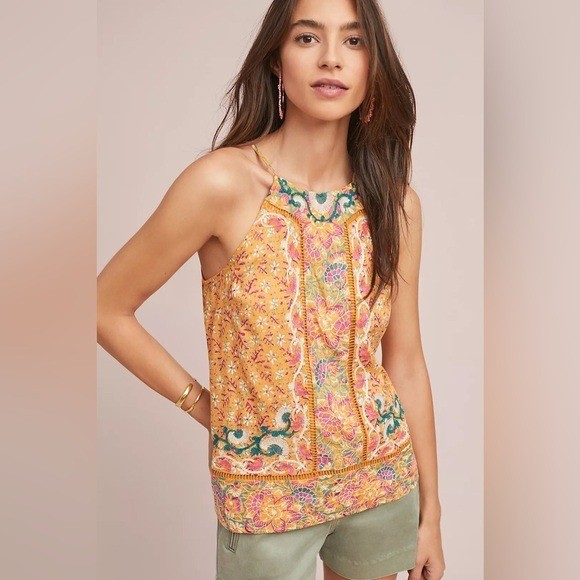 ANTHROPOLOGIE AKEMI + KIN MELINA EMBROIDERED HALTER FLORAL TOP WOMENS 16