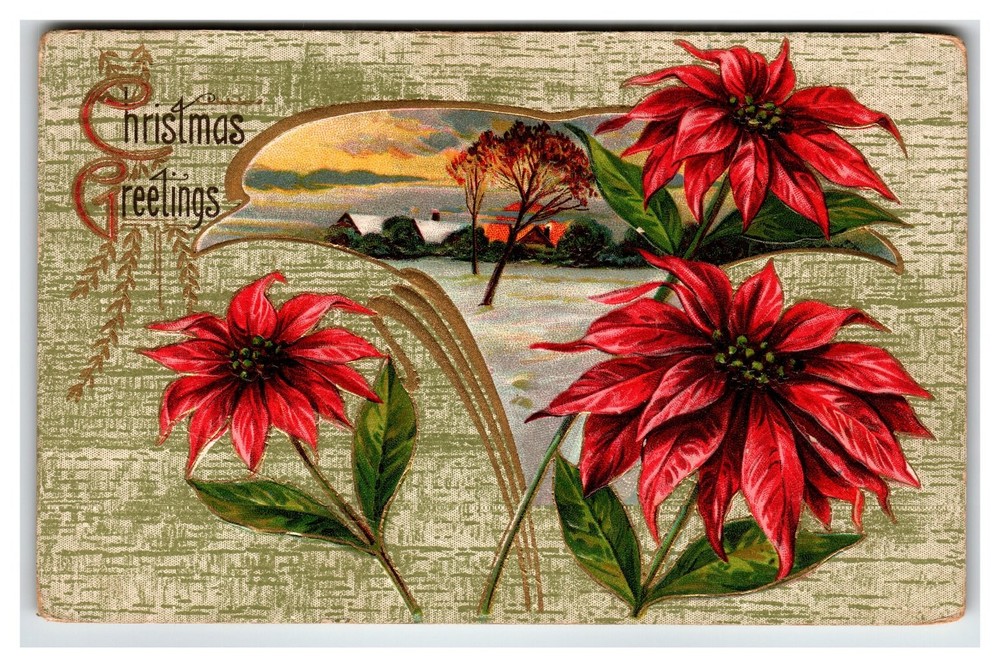 Vintage 1912 Christmas Postcard with Poinsettias & Snowy Village Scene