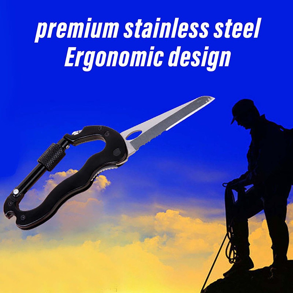 5-in-1 Black Stainless Steel Carabiner Knife Ergonomic Keychain GD