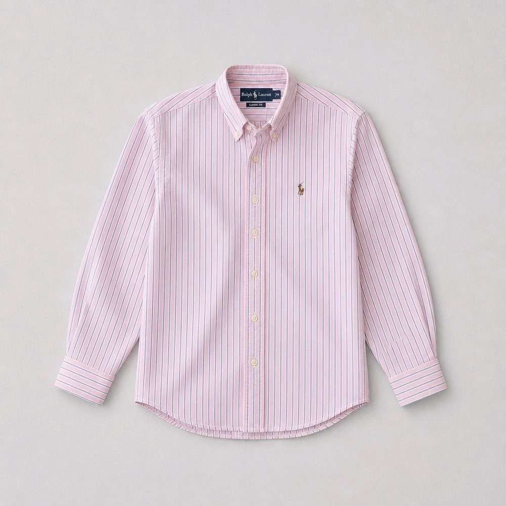 Ralph Lauren Button Down Men's Shirt Pink Blue Striped Classic Fit MEDIUM