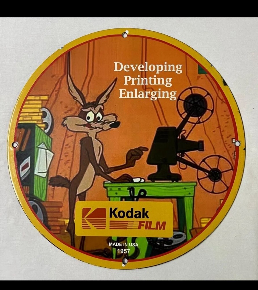 VINTAGE KODAK FILM ROAD RUNNER PORCELAIN GAS OIL CAMERAS SERVICE STATION AD SIGN