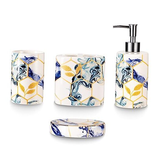4 Piece Sky Geometric Bathroom Accessories Set with Navy Abstract Art Blue-image