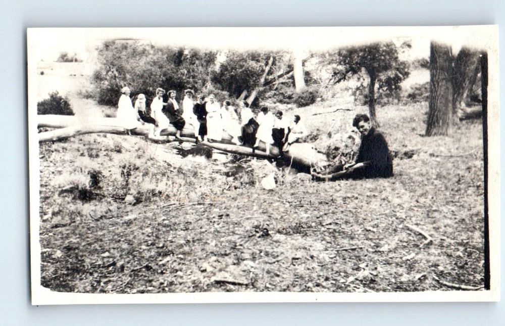 Old Vintage Photo MEN WOMEN SITTING ON LOG IN FIELD FOREST SNAPSHOT