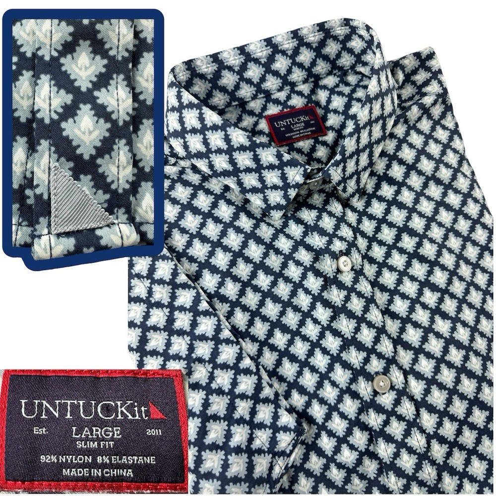 UNTUCKit Trento Performance Shirt Large SLIM-FIT Blue Geometric S/S Wrinkle-Free