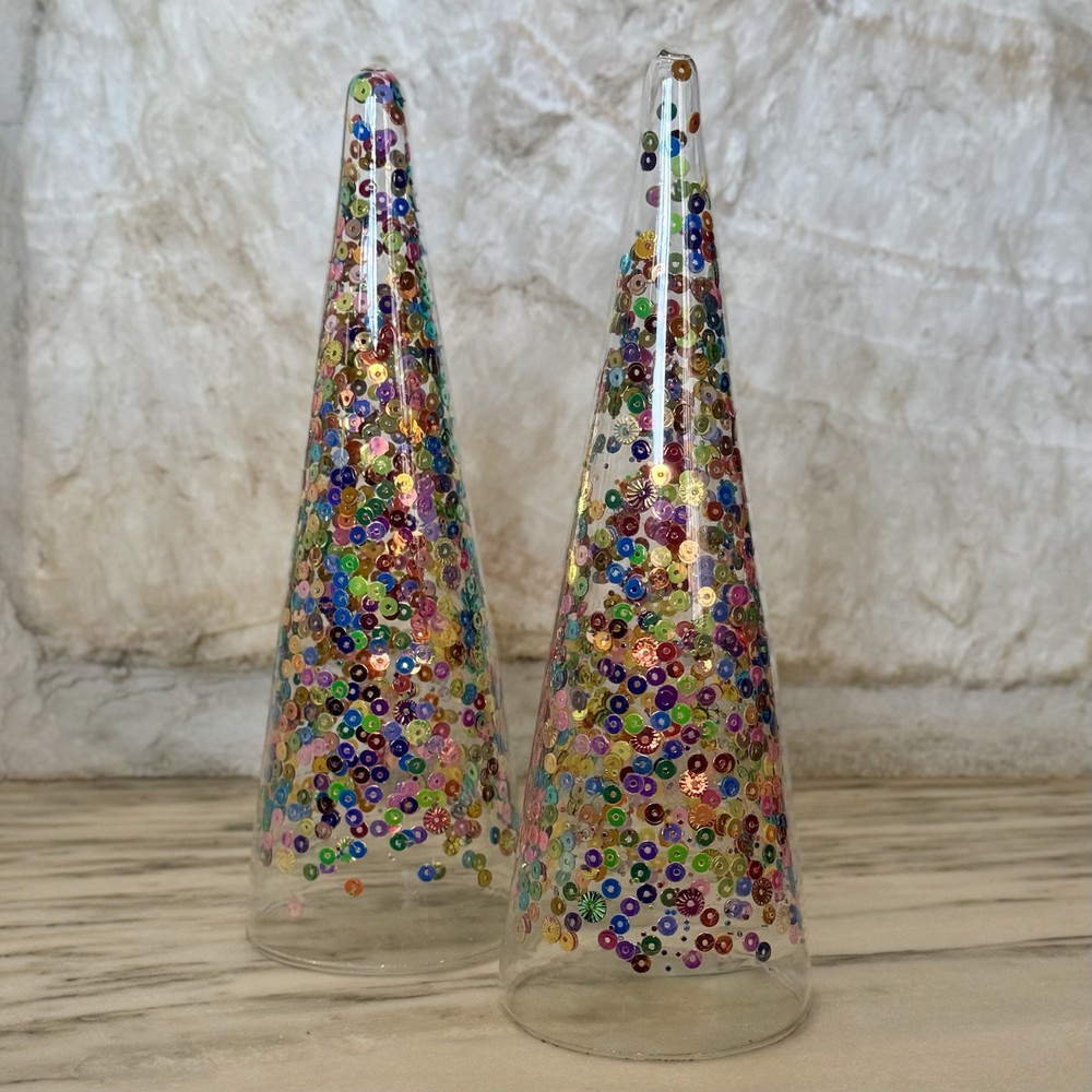 Colorful Glass Sequin Confetti Trees, Set of 2, ~8”, Holiday Table Top Decor