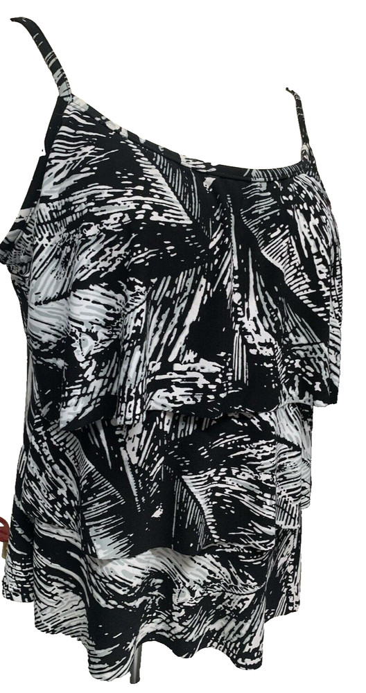 Jamaica Bay Tiered Tankini Top Women's Size 14 Black & White Fluttery