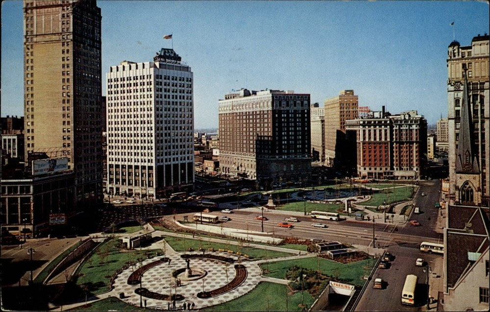 Michigan Detroit Grand Circus Park aerial view ~ 1963 postcard  ~ s9715
