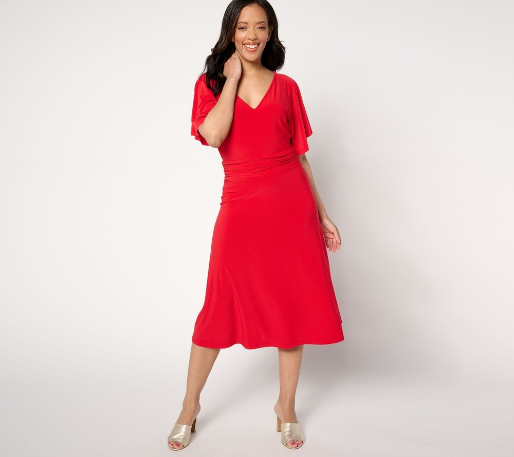 Dennis Basso Women's Dress Sz XS Italia Knit V-Neck Midi Red A650065