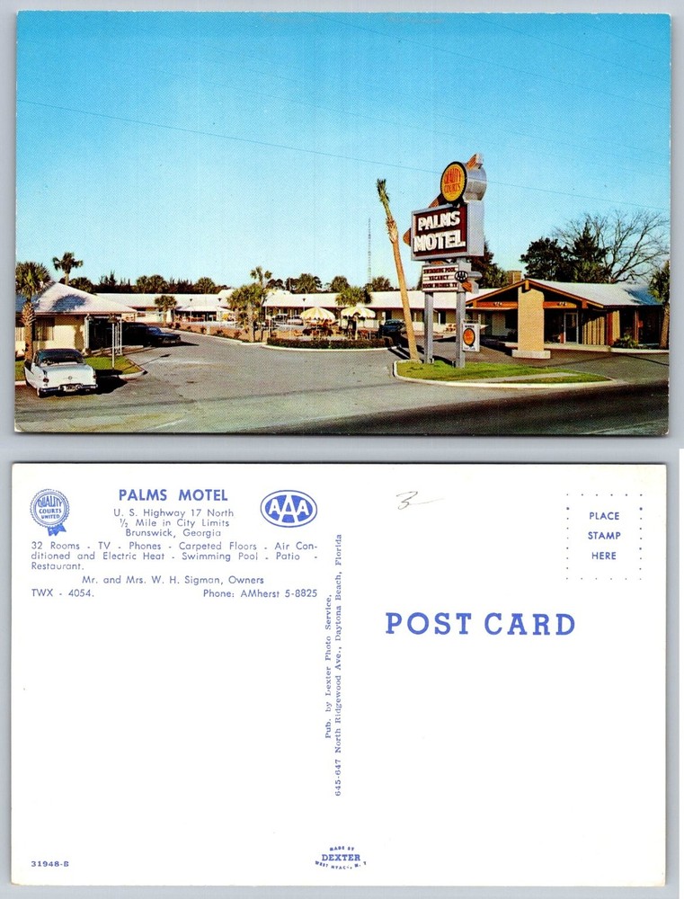 Palms Motel Brunswick GA Postcard Vintage 1950s Quality Courts AAA Roadside