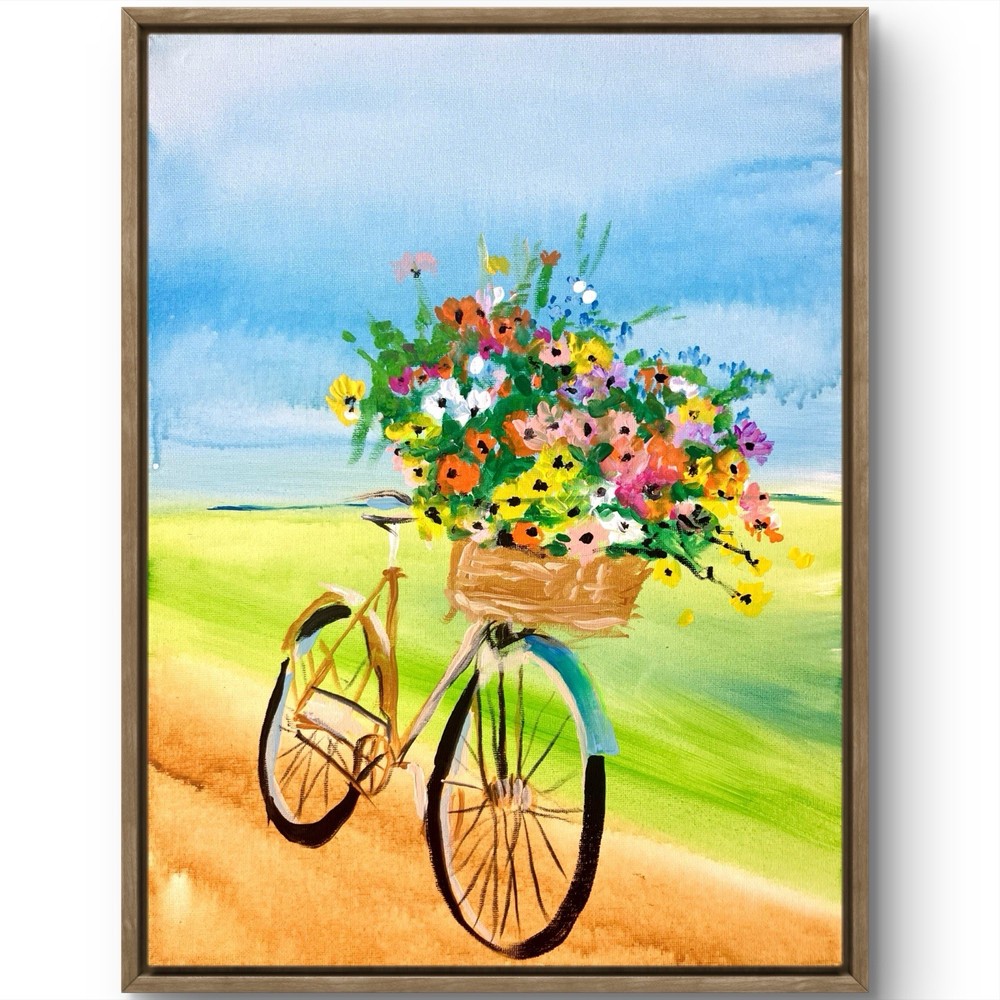 TITA PAINTZ Bicycle with Basket Of Flowers Hand Painted 12x16 Canvas Wall Art