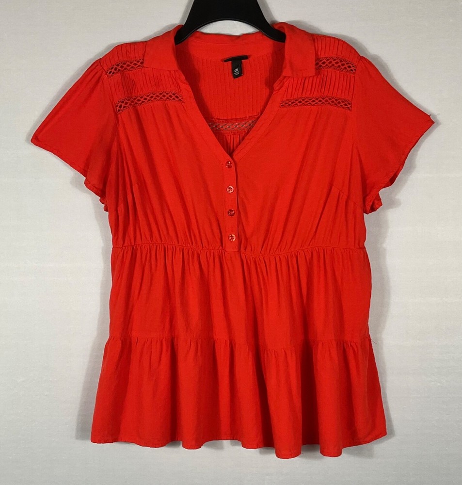 Torrid Top Womens 00 Orange V-Neck 1/4 Button Up Tiered Short Flutter Sleeves