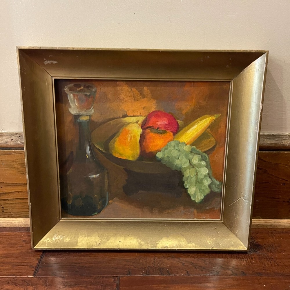 Oil Original Still Life Painting on Board Unsigned Decanter, Fruit Bowl, Grapes