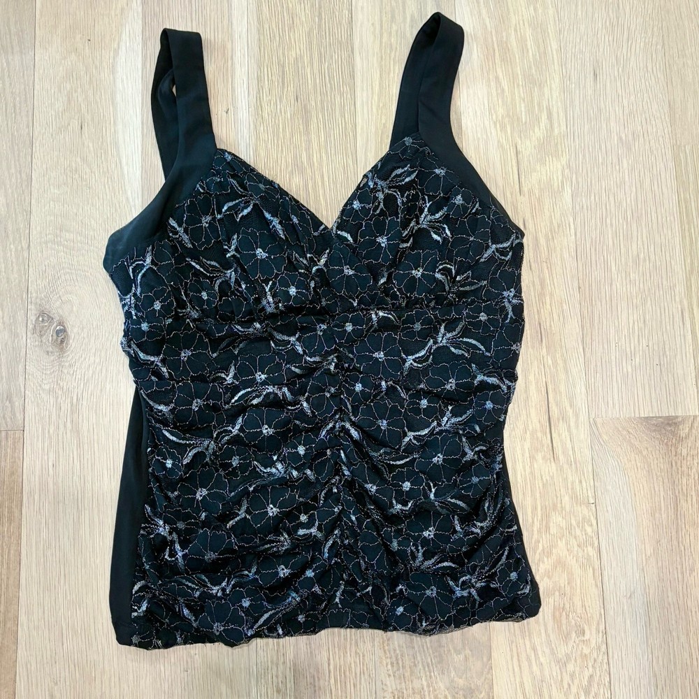 Y2K iz Byer California Tank Top Sz Lg Black W Metallic Silver Lace Ruched