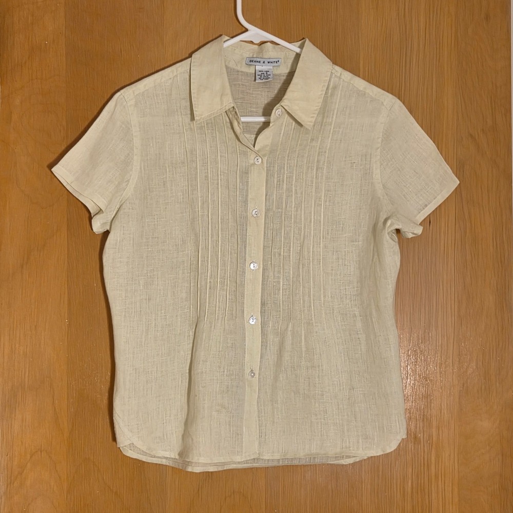 Deane & White 100% Linen Button Up Shirt Top Womens S Lime Green Short Sleeve