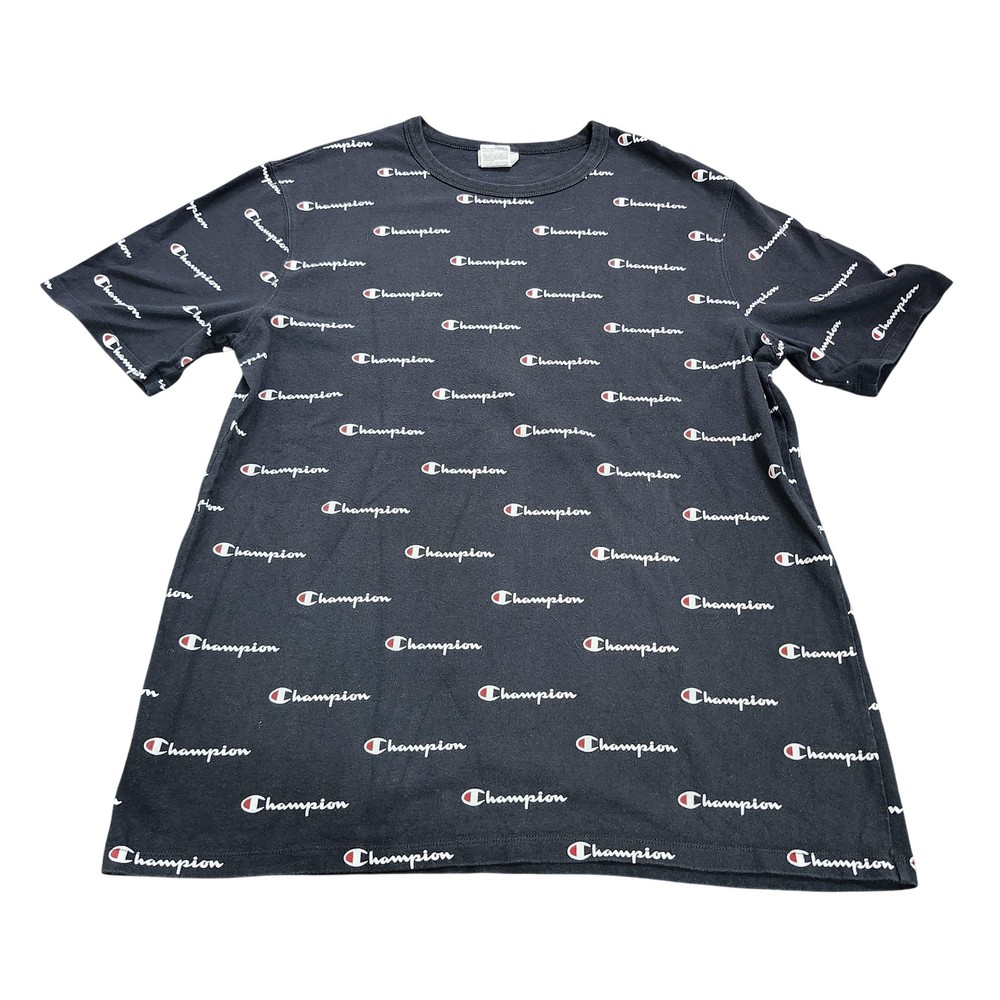 Champion Shirt Mens XL Black Allover Logo Print Graphic Tee Casual Top