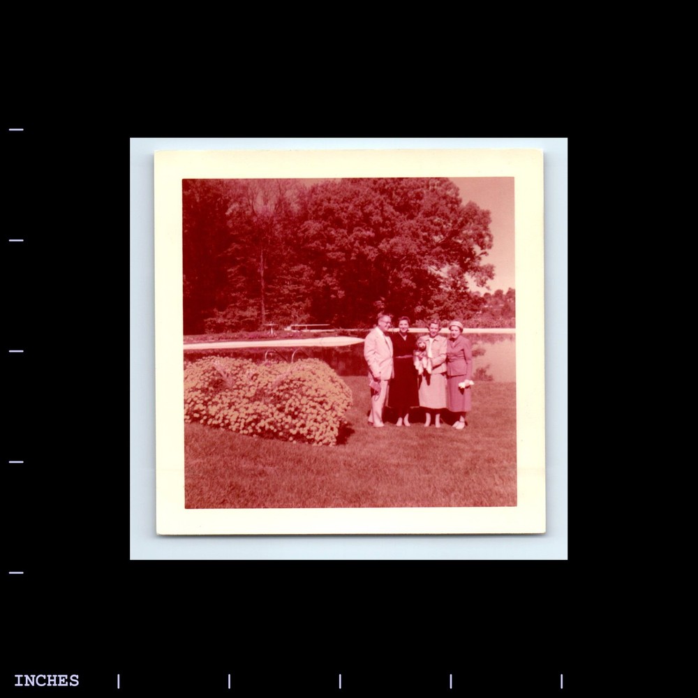 Square Color Photo MAN WOMEN AND DOG IN YARD 1955