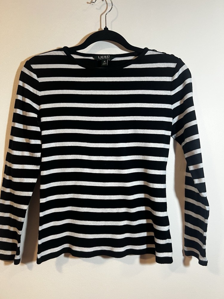 Lauren Ralph Lauren knit womens top Black White striped long sleeve sz Med