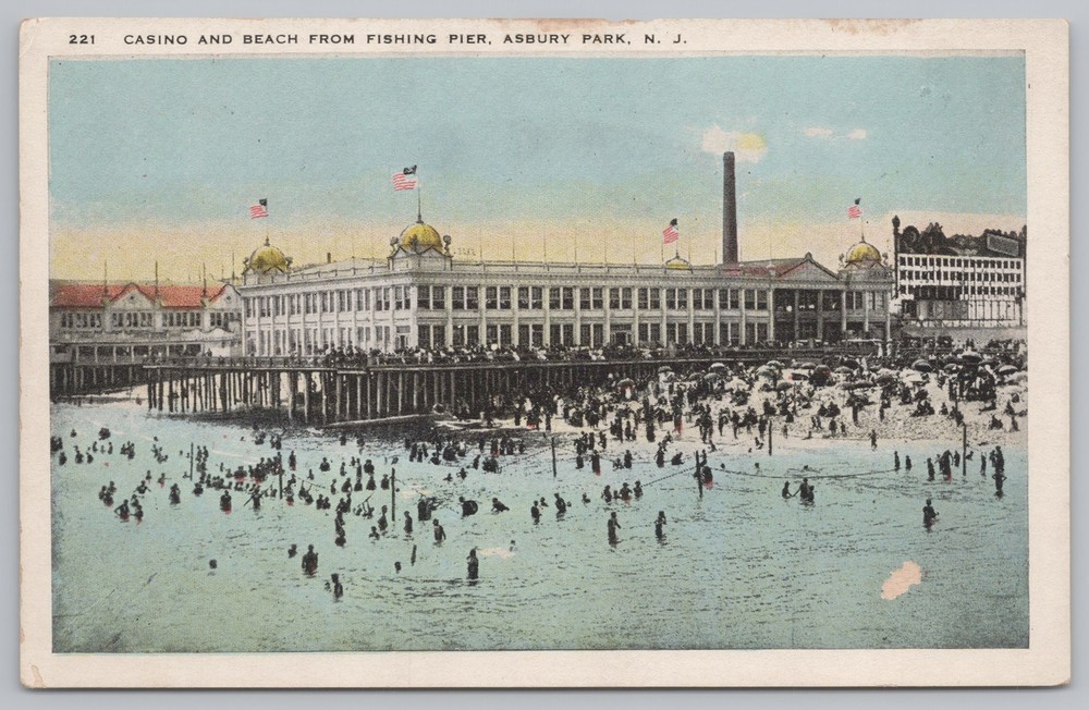 State View~Asbury Park New Jersey~Casino & Beach @ Fishing Pier~Vintage Postcard